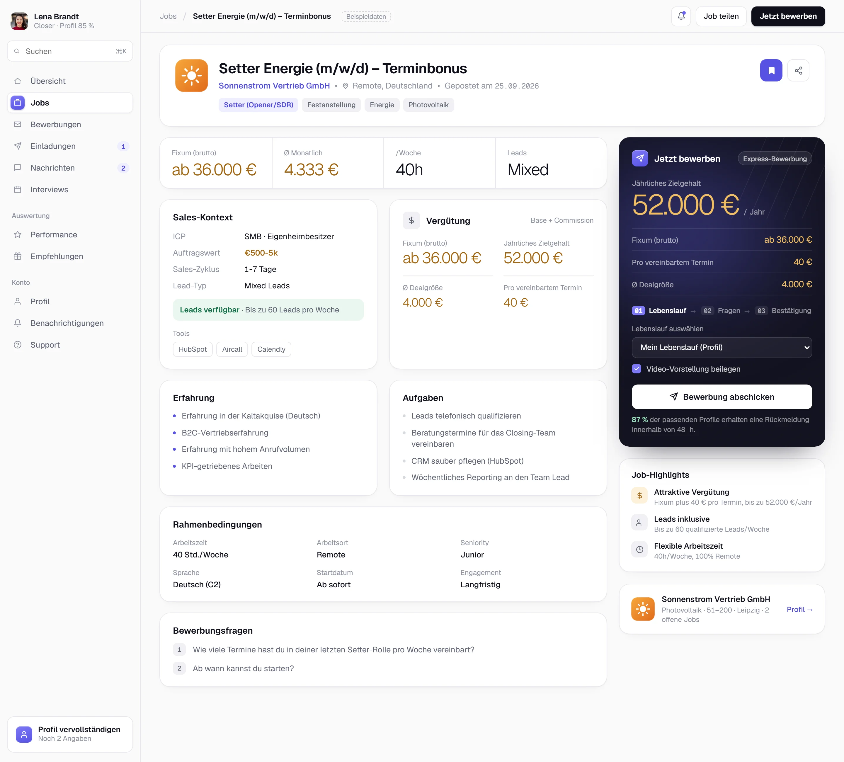 Screenshot der Salearis App: ein Mandat im Detail, 15 % Provision, 28.000 € Dealgröße, 118.000 € Provision pro Jahr und der Bewerben-Button.