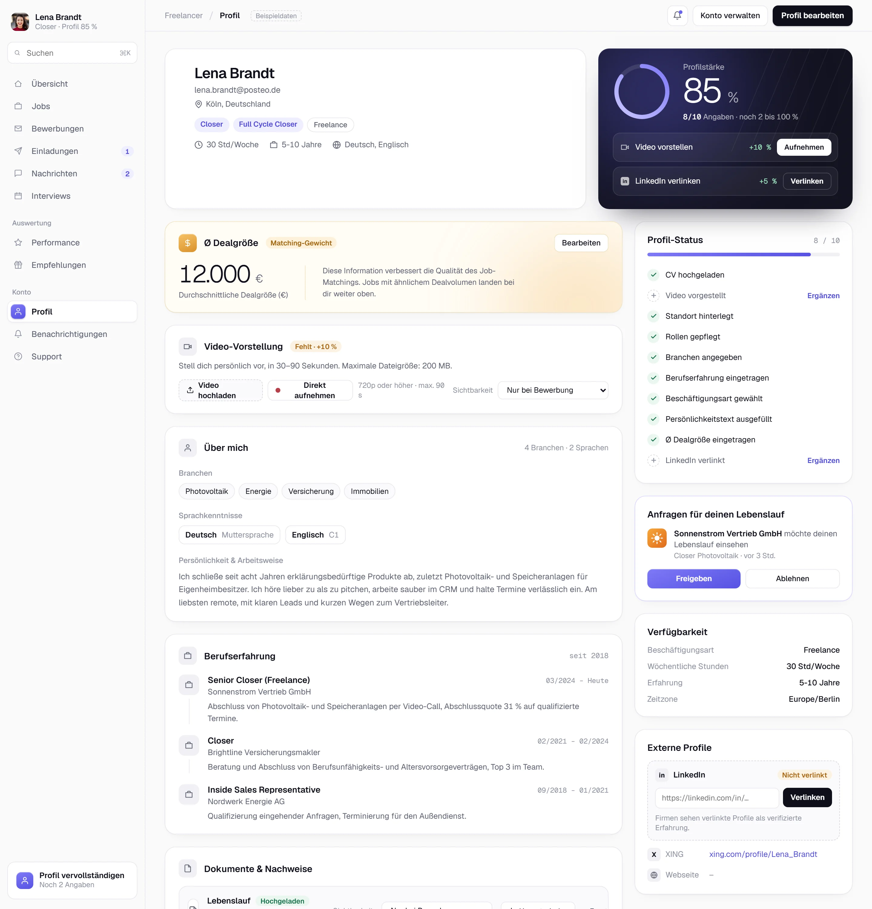 Screenshot: ein Freelancer-Profil mit Profilstärke.